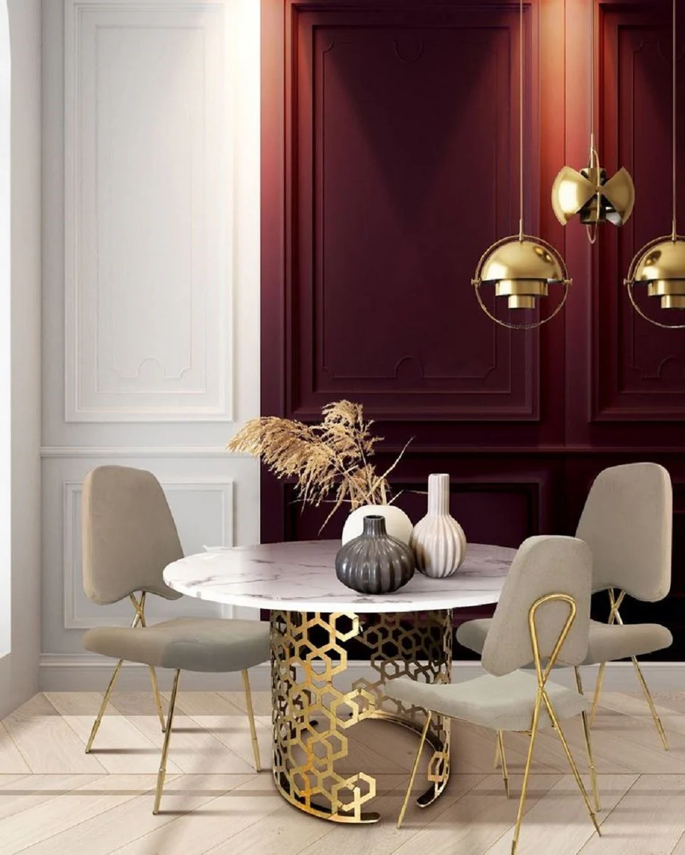 Luxury dining table white / gold Ø 135 x H. 76 cm - Round dining room table with artificial marble table top - Dining room furniture - Luxury furniture - Luxury furnishings