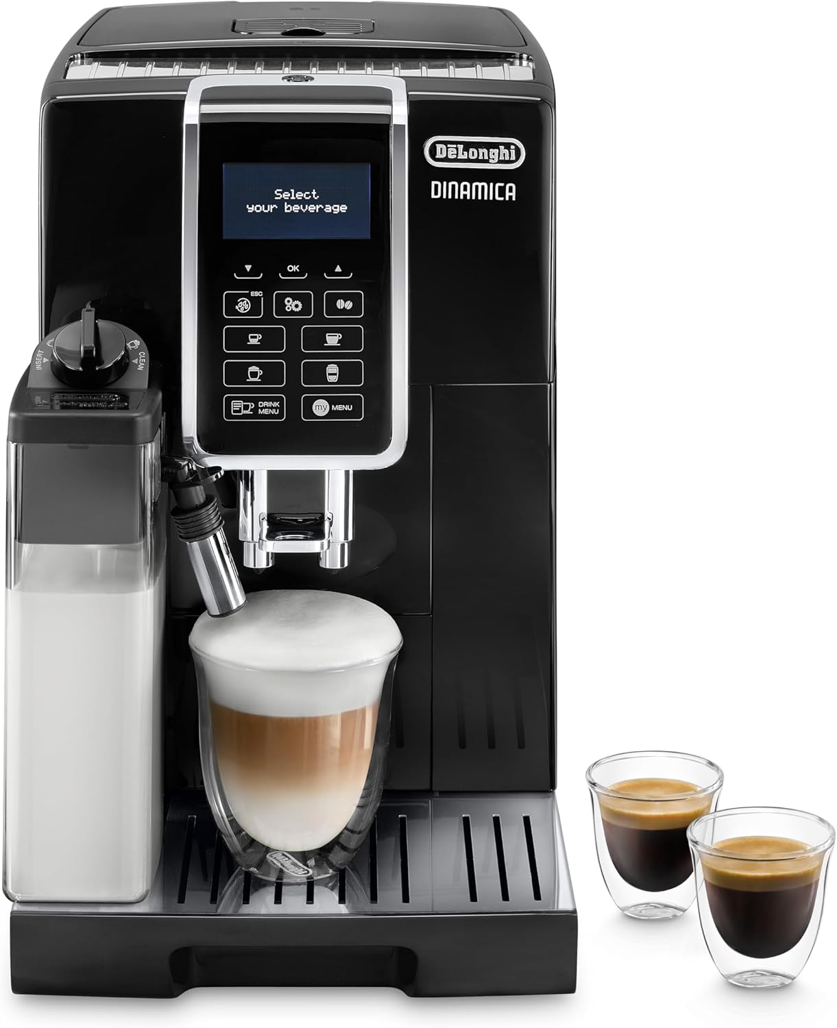 Perfetto Dinamica ECAM350.55.B, Macchina da Caffè Automatica, Chicchi macinati al momento, Caraffa Montalatte Automatica per Cappuccino, 4 Bevande One Touch, Spegnimento Programmabile, Nero