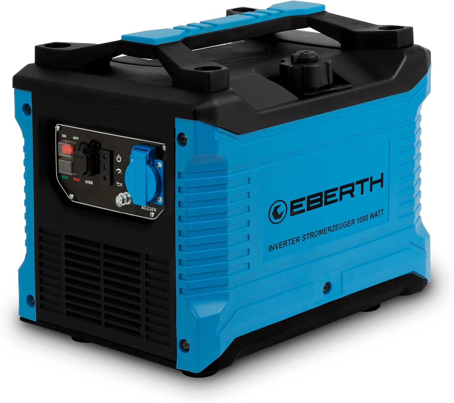EBERTH 1000 Watt Generatore di corrente Inverter, Gruppo elettrogeno con 2 CV Motore a benzina 4T, 1x 230V, 2x USB, tecnologia inverter per una potenza senza picchi di tensione, Generatore portatile