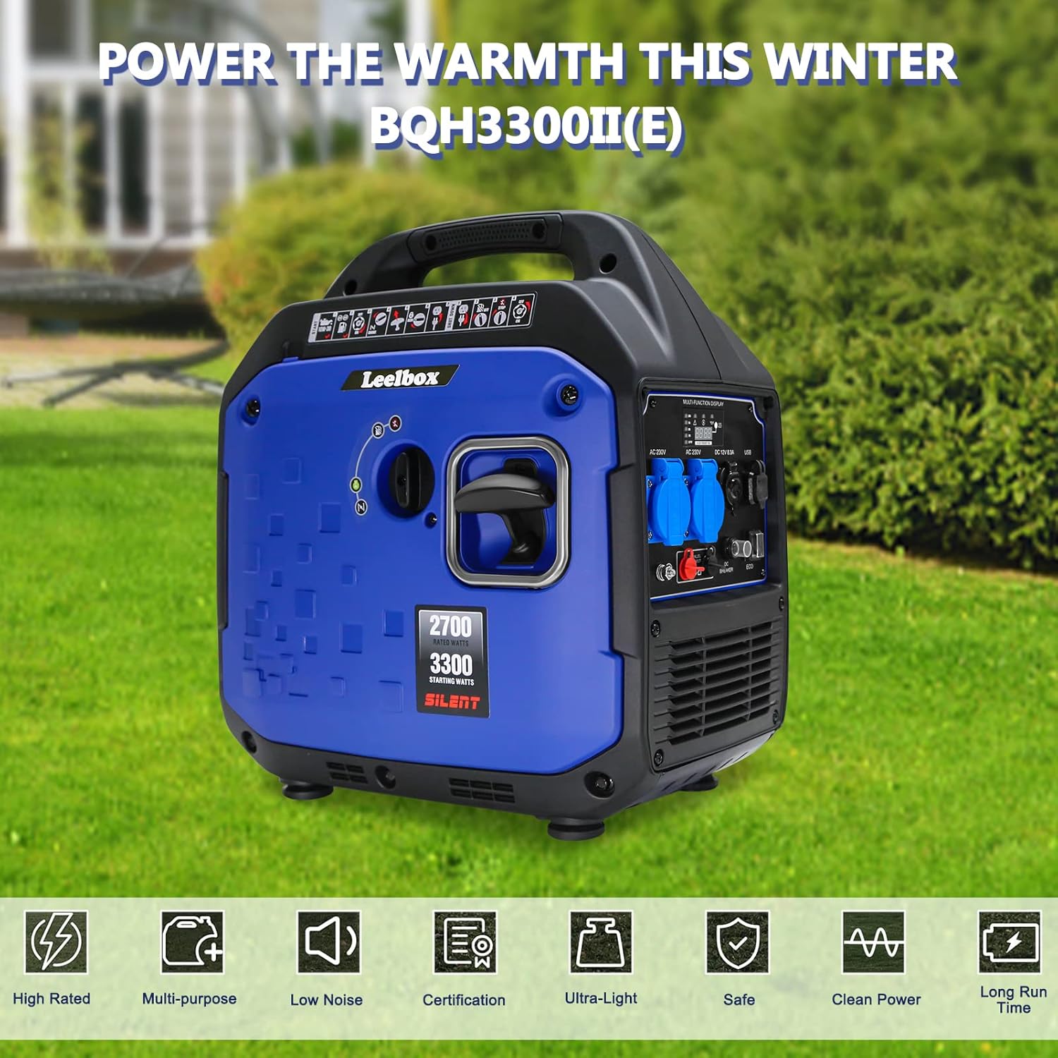 Leelbox Generatore di Emergenza di Inverter Portatile da 3300W 4 Tempi a Benzina Silenzioso, Caratteristica Eco-Mode per Giardino, Esterno, Campeggio,Viaggio, Roulotte