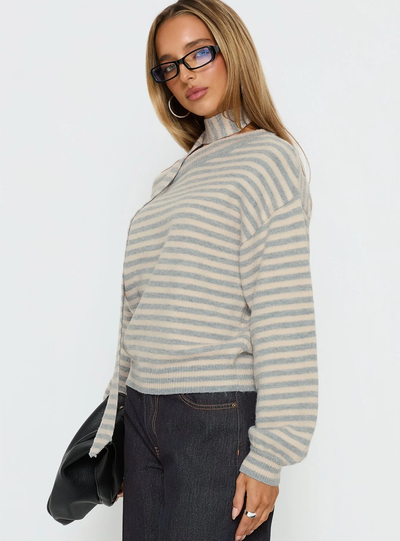 Ruthi Scarf Off Shoulder Knit Sweater Neutral Stripe