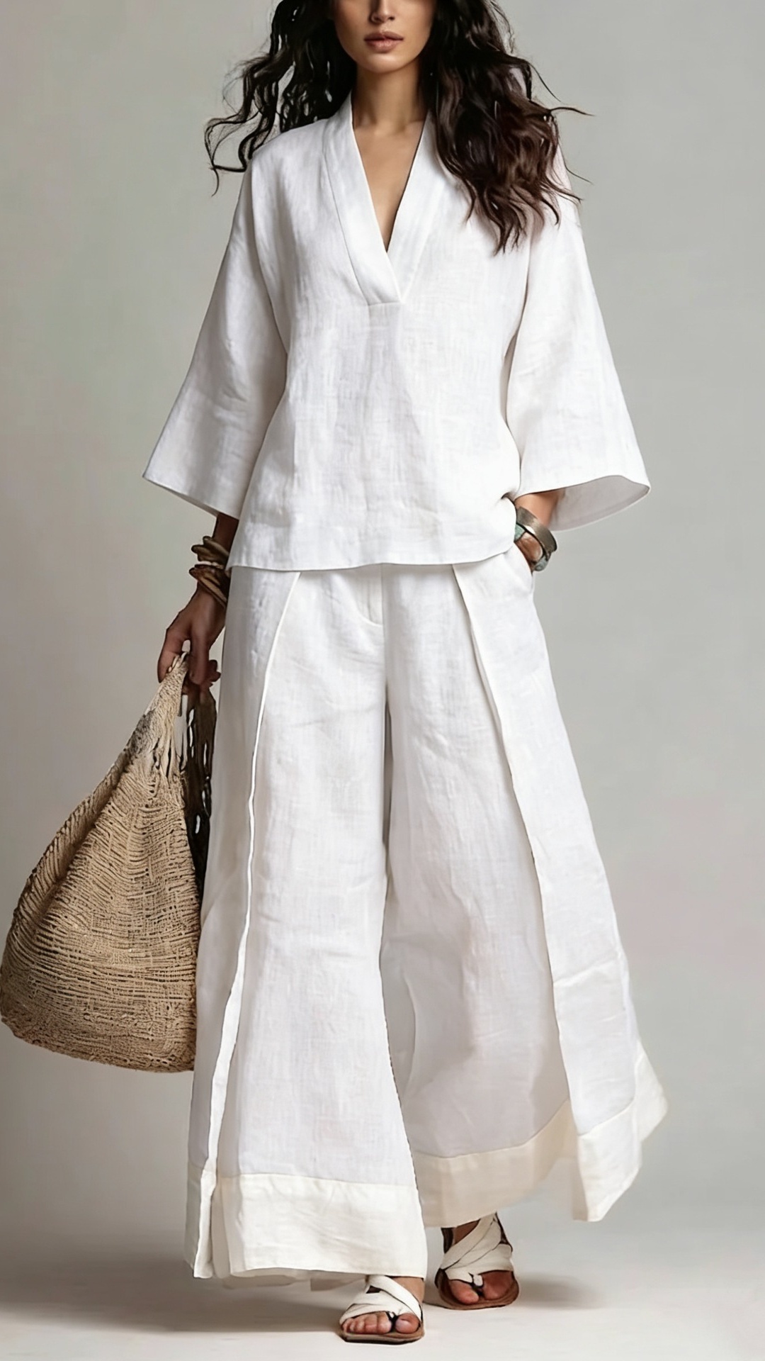 Women's Cotton-Linen French-Style V-Neck 3/4-Sleeve Shirt & Contrast Wide-Leg Pants Set - Nordfashionstorm - Women's Clothing, Fashion for You - Nordfashionstorm.com
