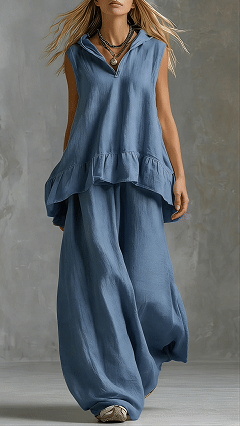 Women's Cotton-Blend Light Blue Ruffled Sleeveless Loose Set - Nordfashionstorm - Women's Clothing, Fashion for You - Nordfashionstorm.com