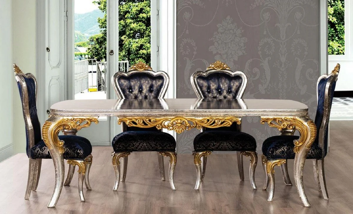 Luxury Baroque Dining Room Set Royal Blue / Silver / Gold - 1 Baroque Dining Table & 6 Baroque Dining Chairs - Dining Room Furniture in Baroque Style - Noble & Magnificent