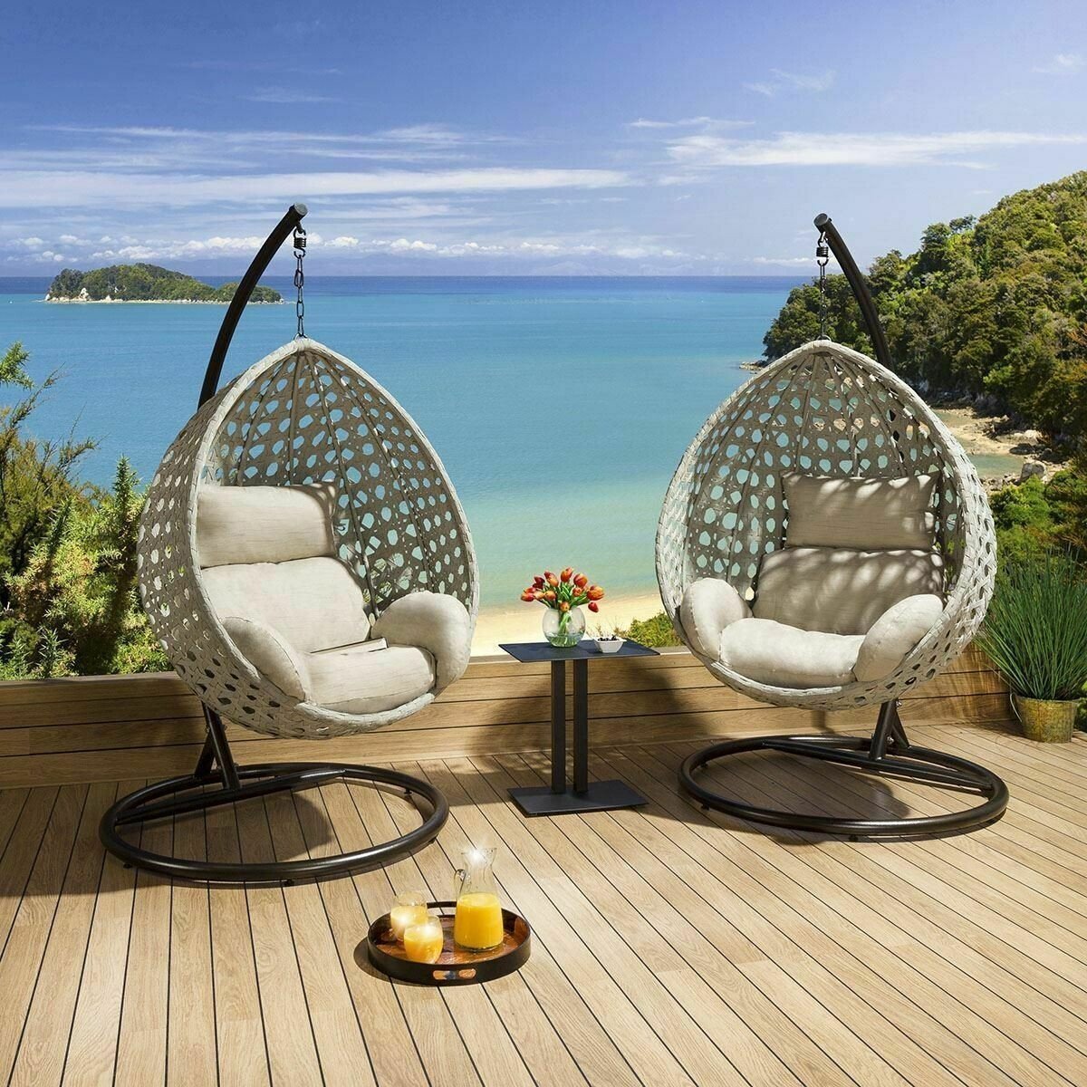 Luxury Extra Large Outdoor Hanging Pod Chairs Gray Rope Table