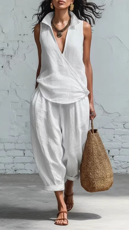 Women's Simple Lapel Shirt and Wide-Leg Pants Linen Two-Piece Set - Nordfashionstorm - Women's Clothing, Fashion for You - Nordfashionstorm.com