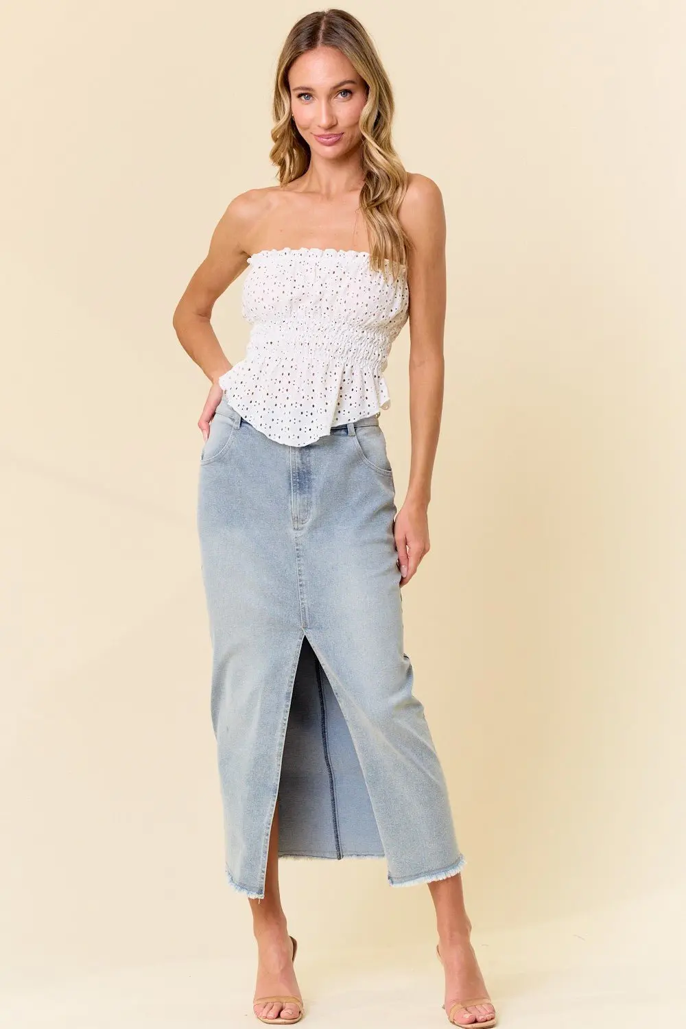 Midi Front Slit Denim Skirt - ALJEGJ