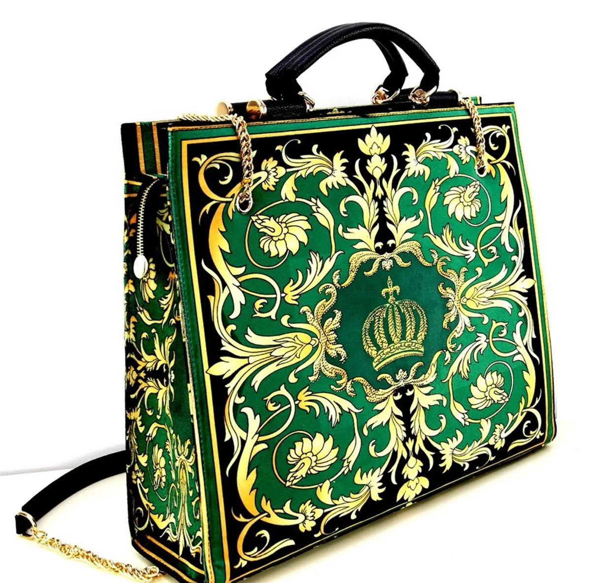Pompöös by women's luxury handbag set Baroque Flowers with crown and rhinestones green / black / gold - Pompöös women's handbags designed by Harald Glööckler