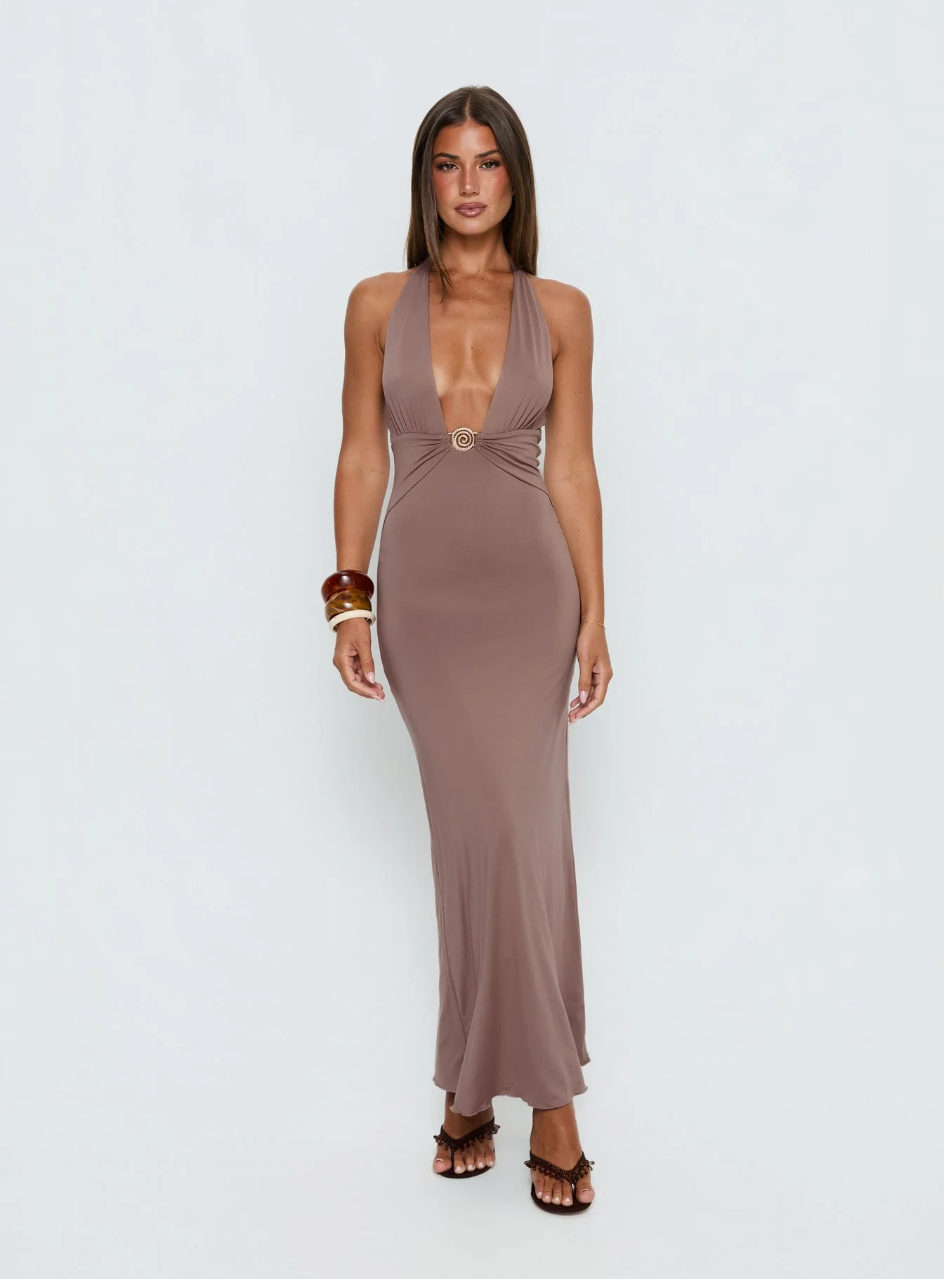 Naysana Halter Ruched Maxi Dress Mocha