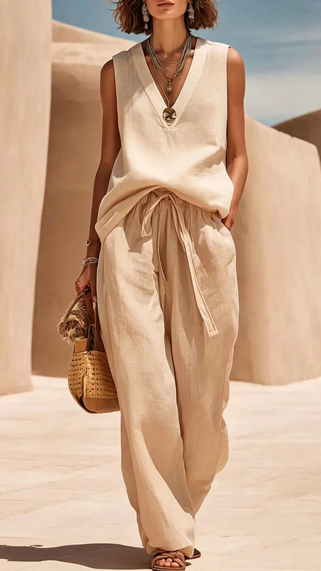 Women's V-Neck Sleeveless Linen-Blend Set - Nordfashionstorm - Women's Clothing, Fashion for You - Nordfashionstorm.com