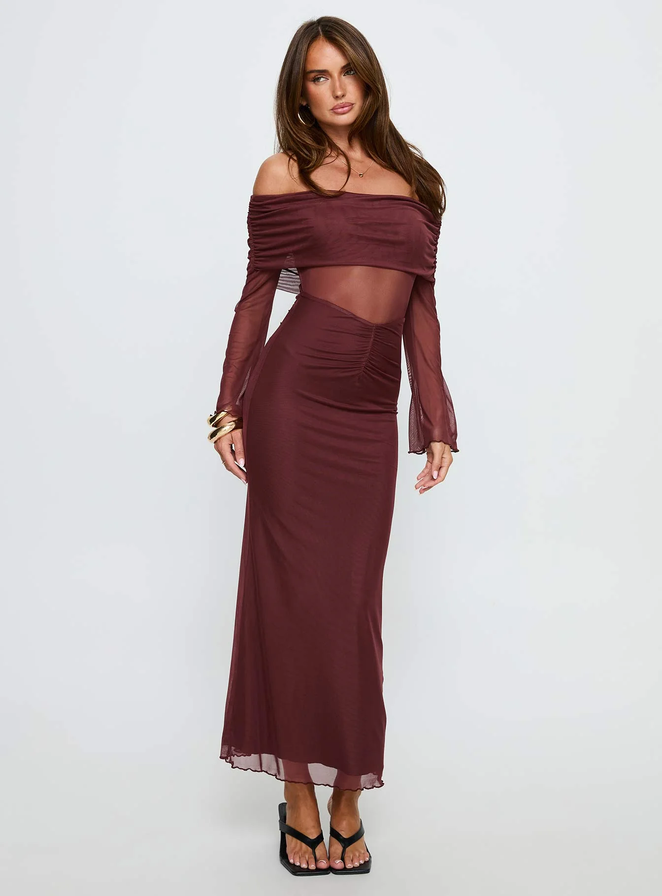 Velouria Off Shoulder Long Sleeve Maxi Dress Brown