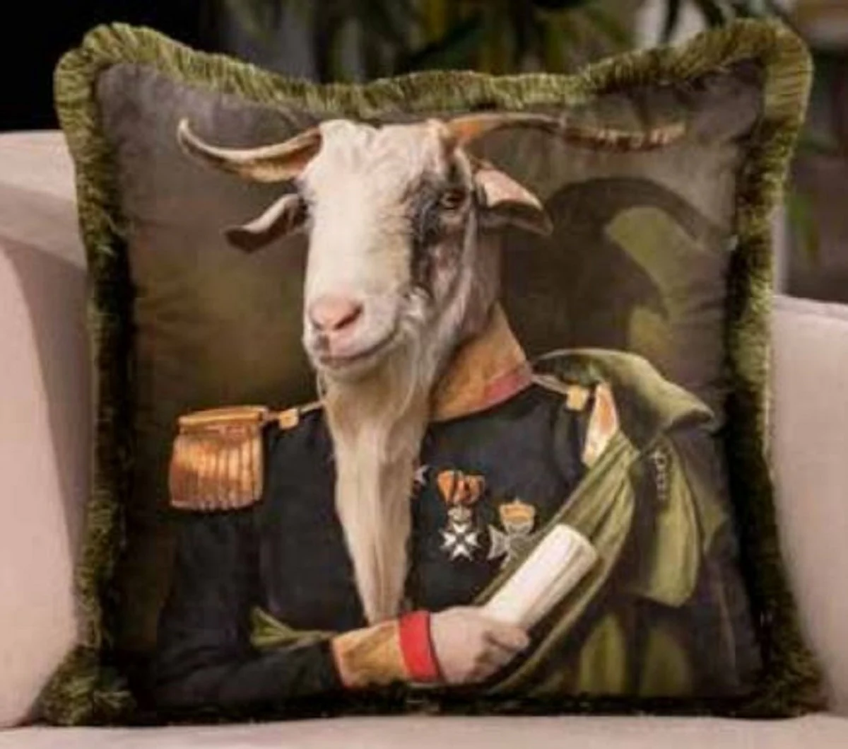 Luxury decorative cushion officer goat green / multicolored 45 x 45 cm - printed velvet cushion with fringes - luxury collection