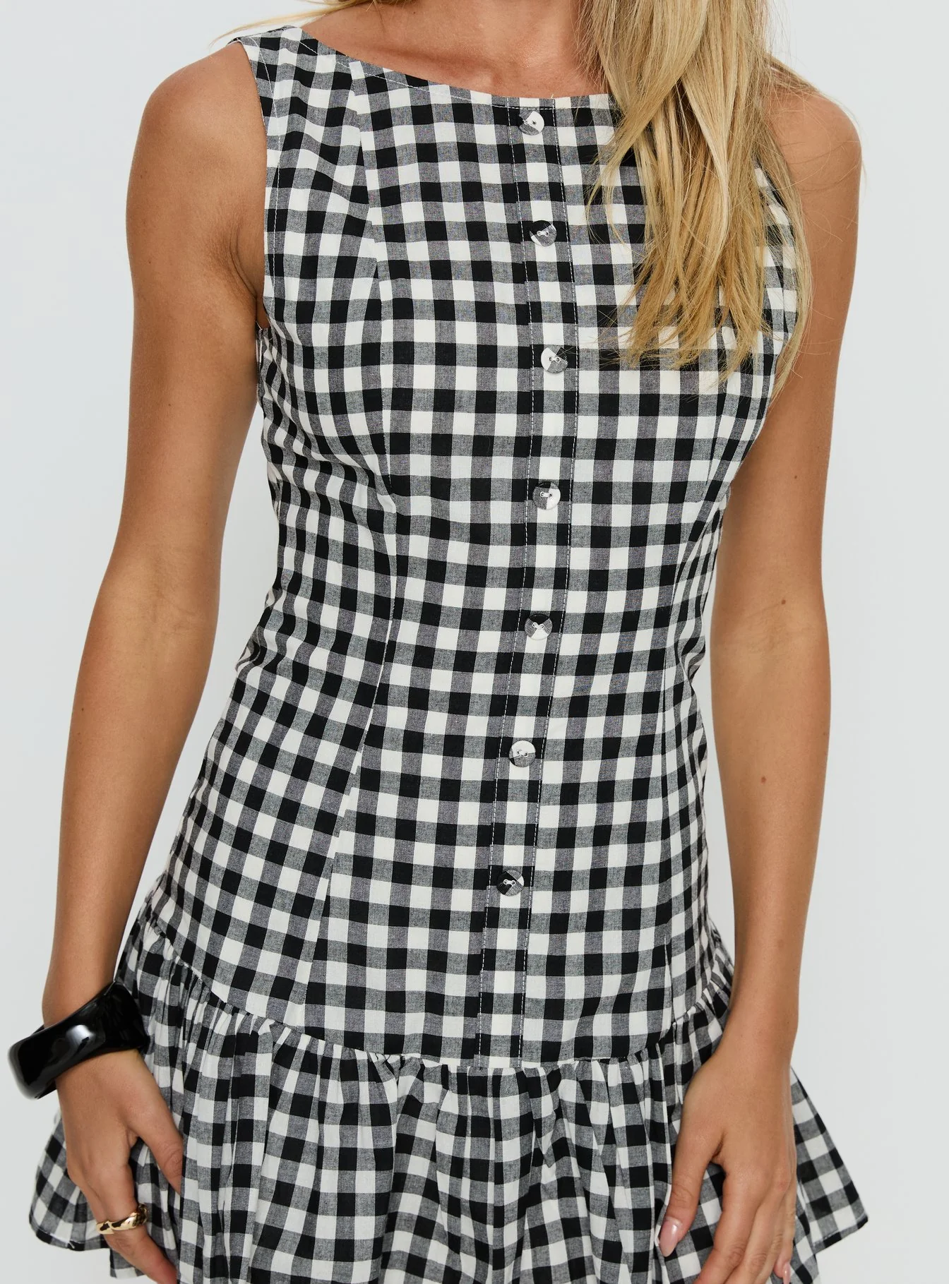 Kolbie Boat Neck Frill Mini Dress Black / White Check