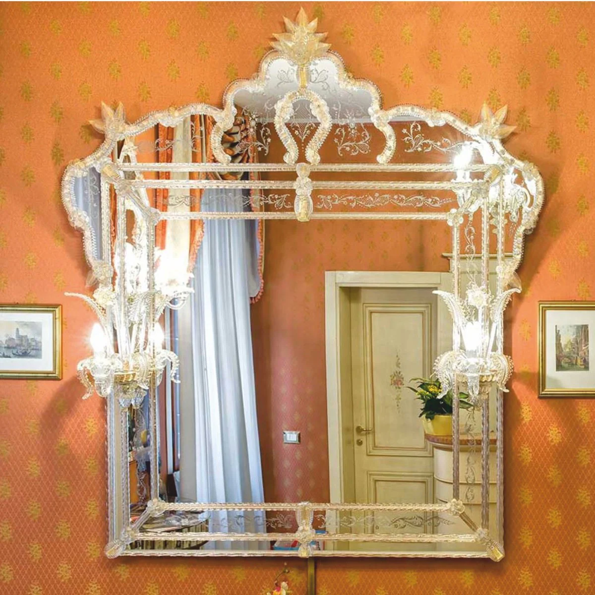 Luxury baroque mirror with 2 wall lights yellow 150 x H. 160 cm - Made in Italy