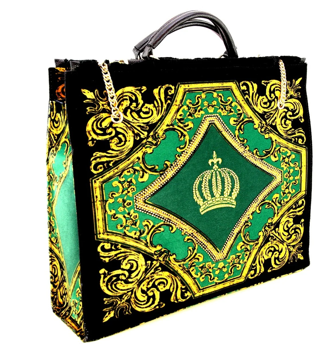 Pompöös by Luxus women's handbag crown and glitter stones green / black / gold 43 x H. 43 cm - designed by Harald Glööckler
