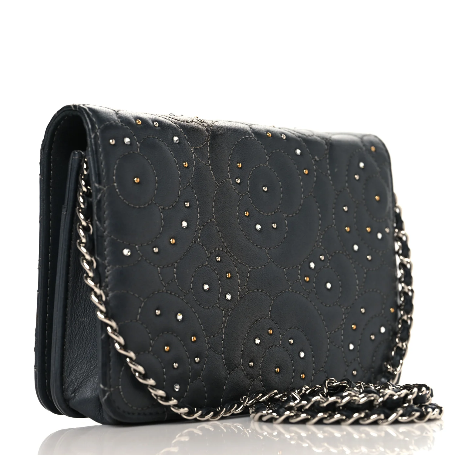 Lambskin Camellia Studded Wallet on Chain WOC Grey - Top Club