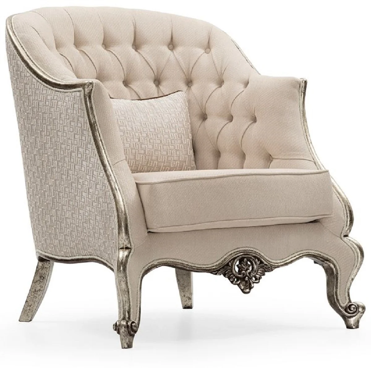 Luxury Baroque Living Room Set Cream / Silver / Antique Silver - 2 Sofas & 2 Armchairs & 1 Coffee Table & 2 Side Tables - Handcrafted Living Room Furniture in Baroque Style - Noble & Magnificent