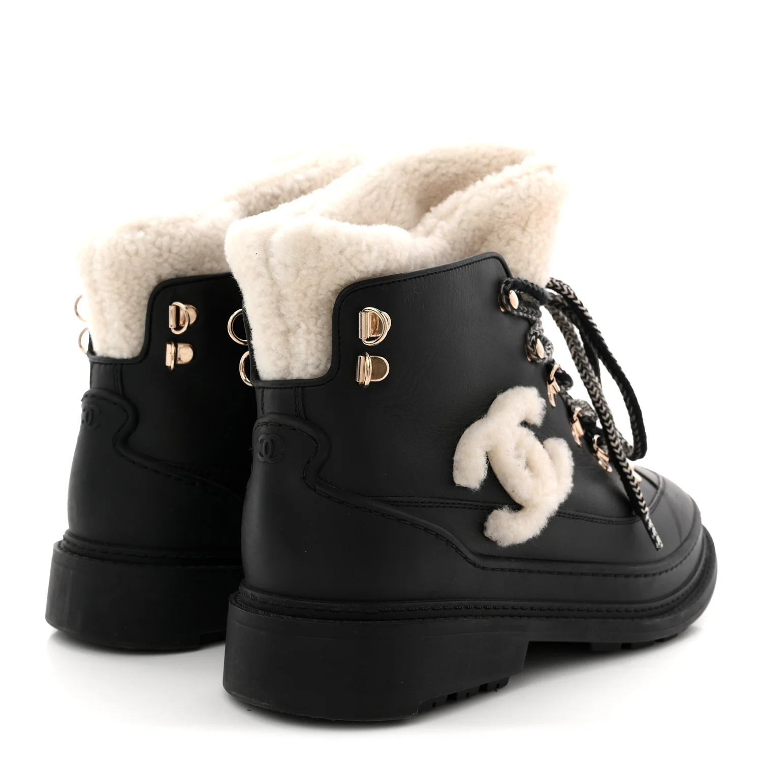 Calfskin Shearling CC Lace Up Boots 38.5 Black - Top Club