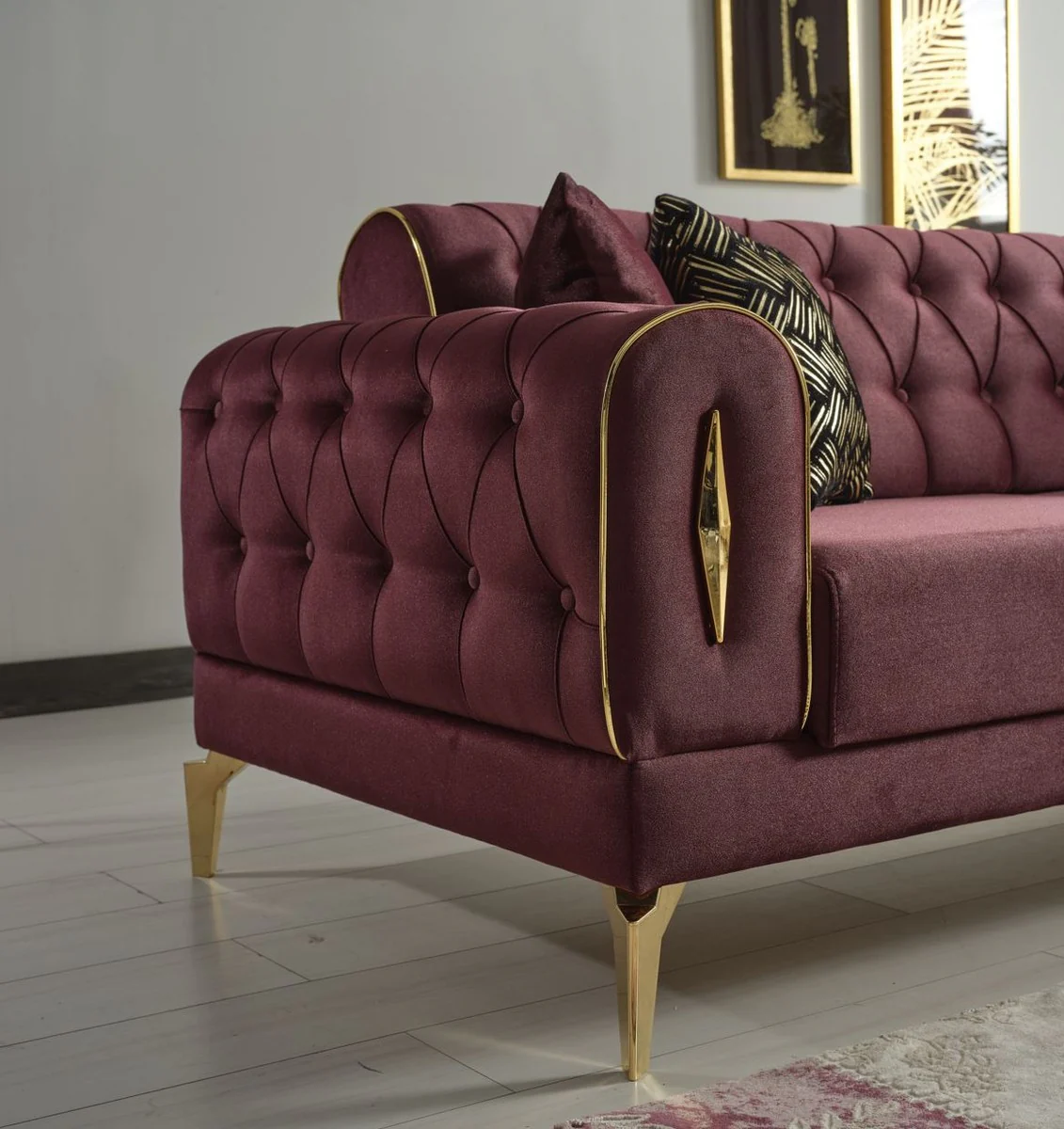 Luxury sofa bed wine red / gold 225 x 95 x H. 83 cm - Living room sofa with 4 cushions - Luxury living room furniture