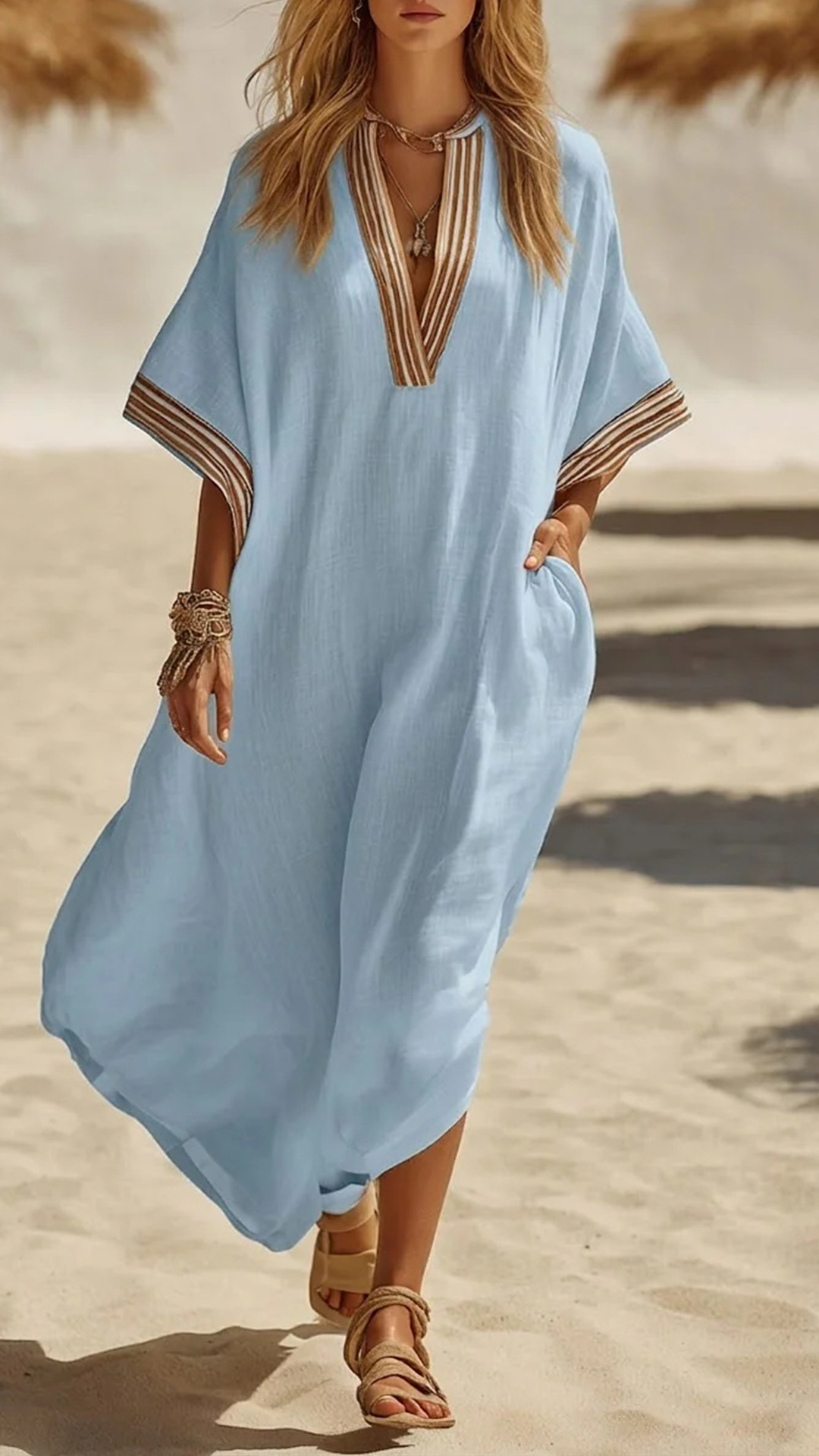 Women's Striped Trim Cotton-Blend Kaftan Dress - Nordfashionstorm - Women's Clothing, Fashion for You - Nordfashionstorm.com