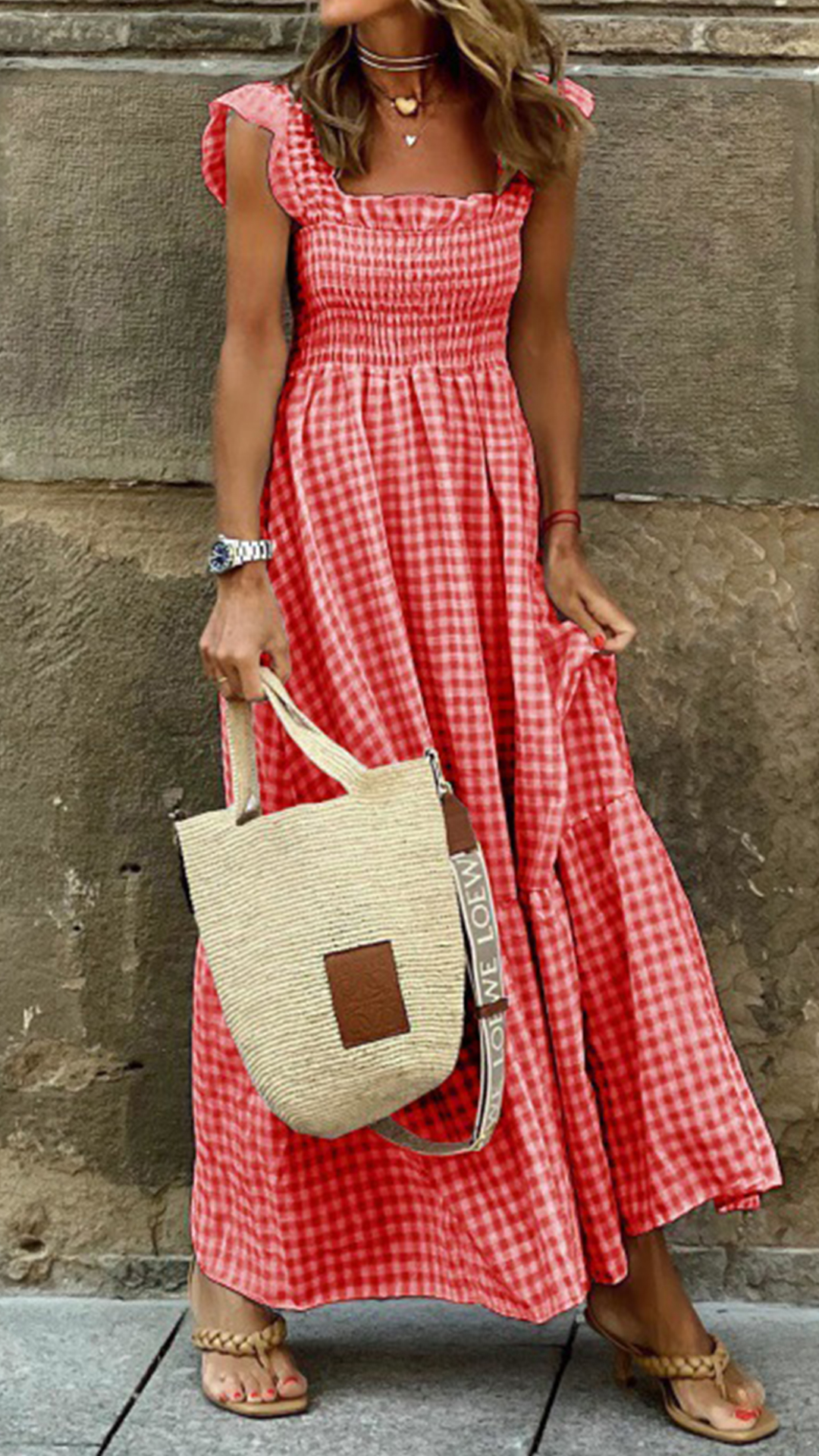 Women's  Beige Gingham Linen-Blend Maxi Dress - Nordfashionstorm - Women's Clothing, Fashion for You - Nordfashionstorm.com