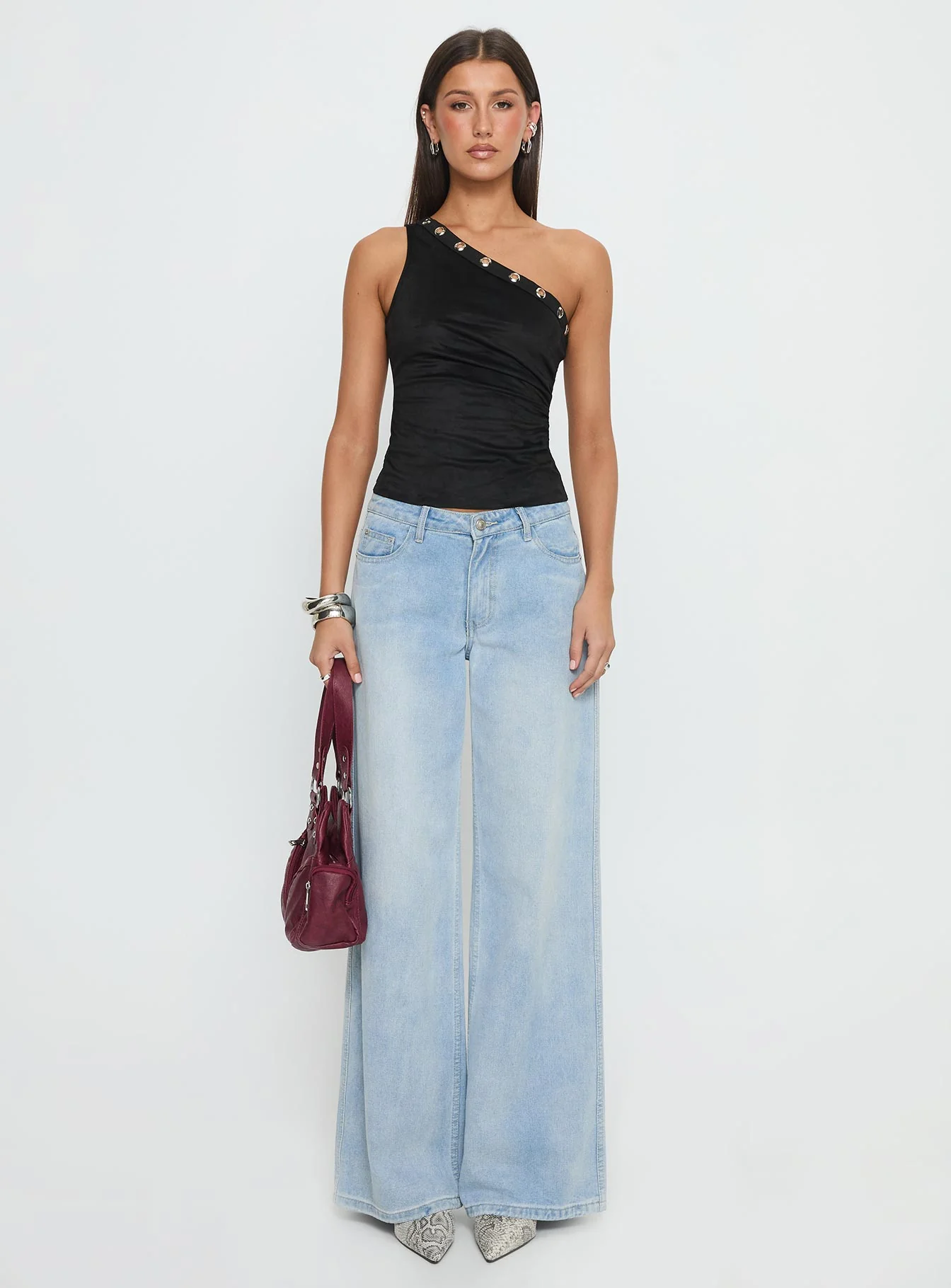 Sophy Studded One Shoulder Top Black