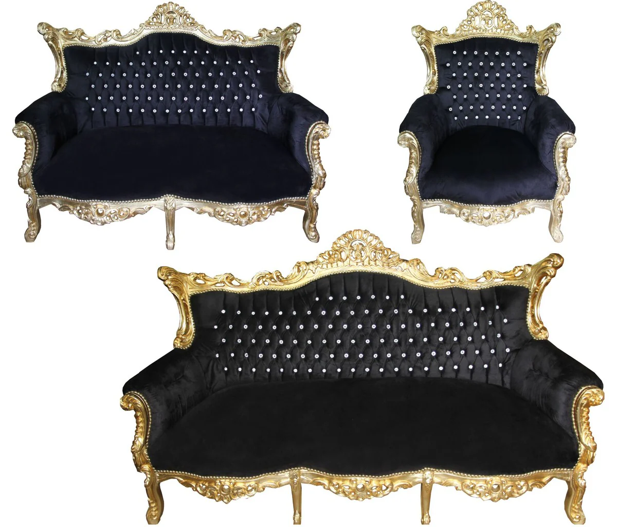 Baroque living room set Master black/gold with bling bling glitter stones - 3-seater sofa + 2-seater sofa + 1 armchair