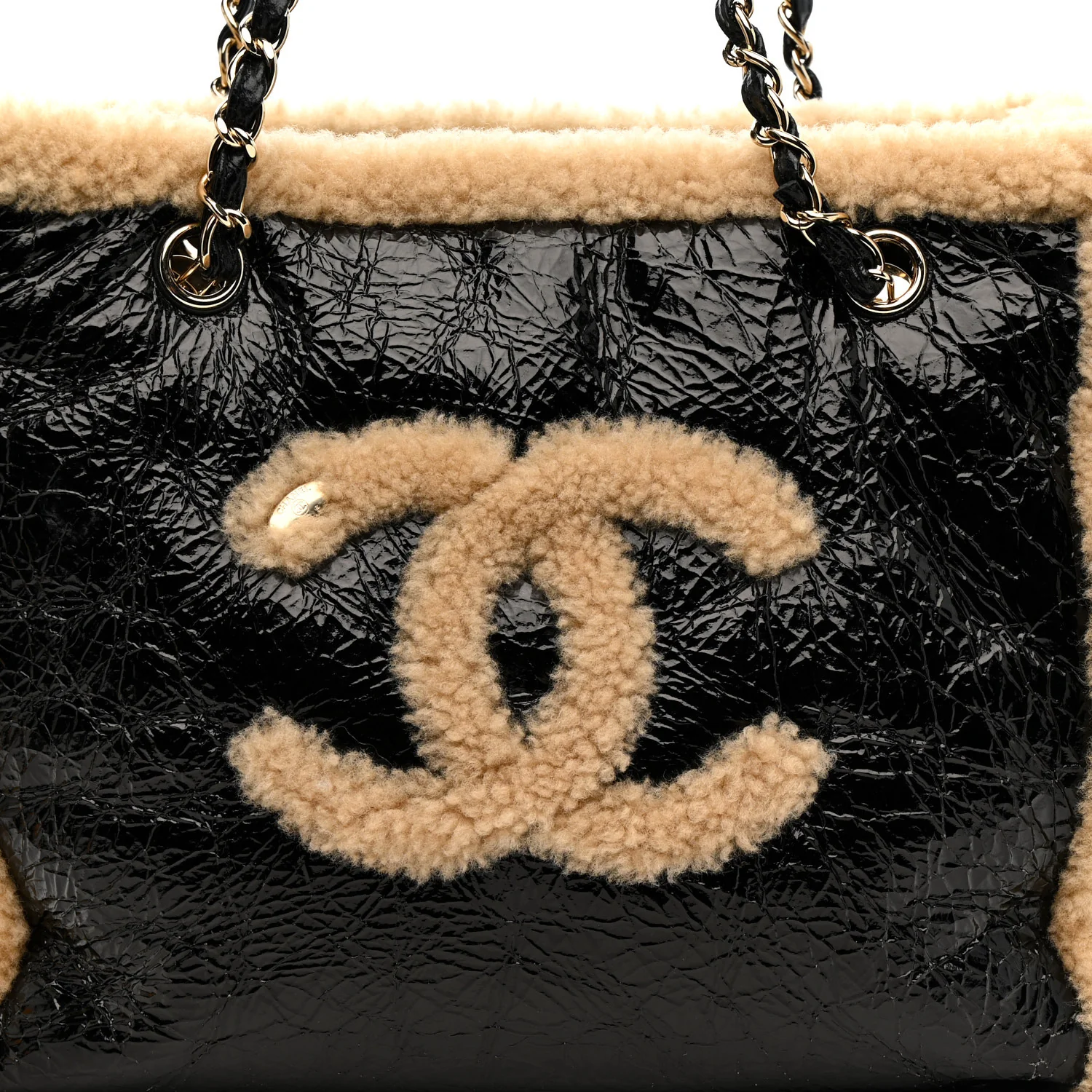 Shiny Crumpled Sheepskin Shearling CC Mania Tote Bag Black Beige - Top Club