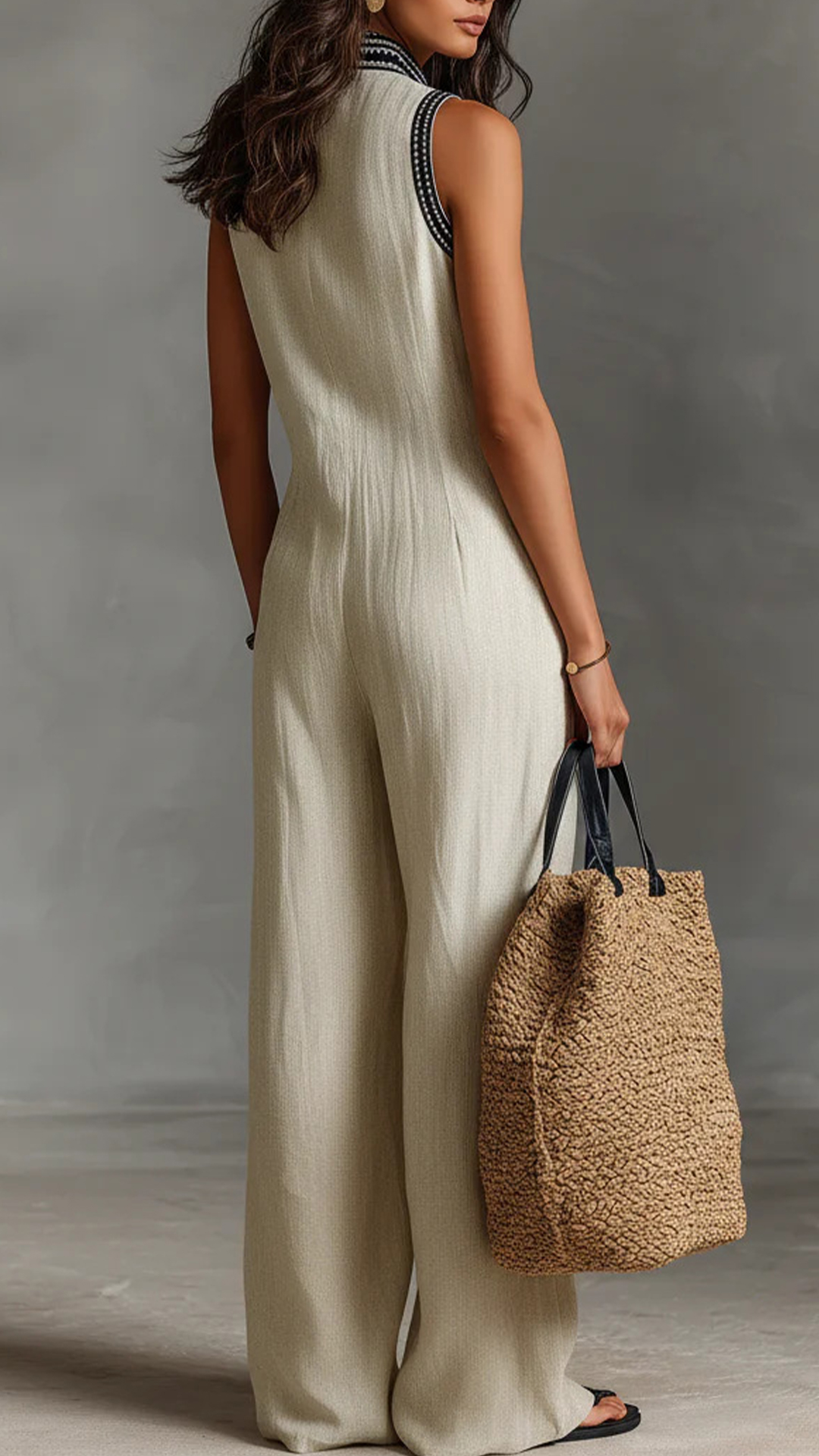 Embroidered Stand Collar Sleeveless Cotton Linen Wide-Leg Jumpsuit - Nordfashionstorm - Women's Clothing, Fashion for You - Nordfashionstorm.com