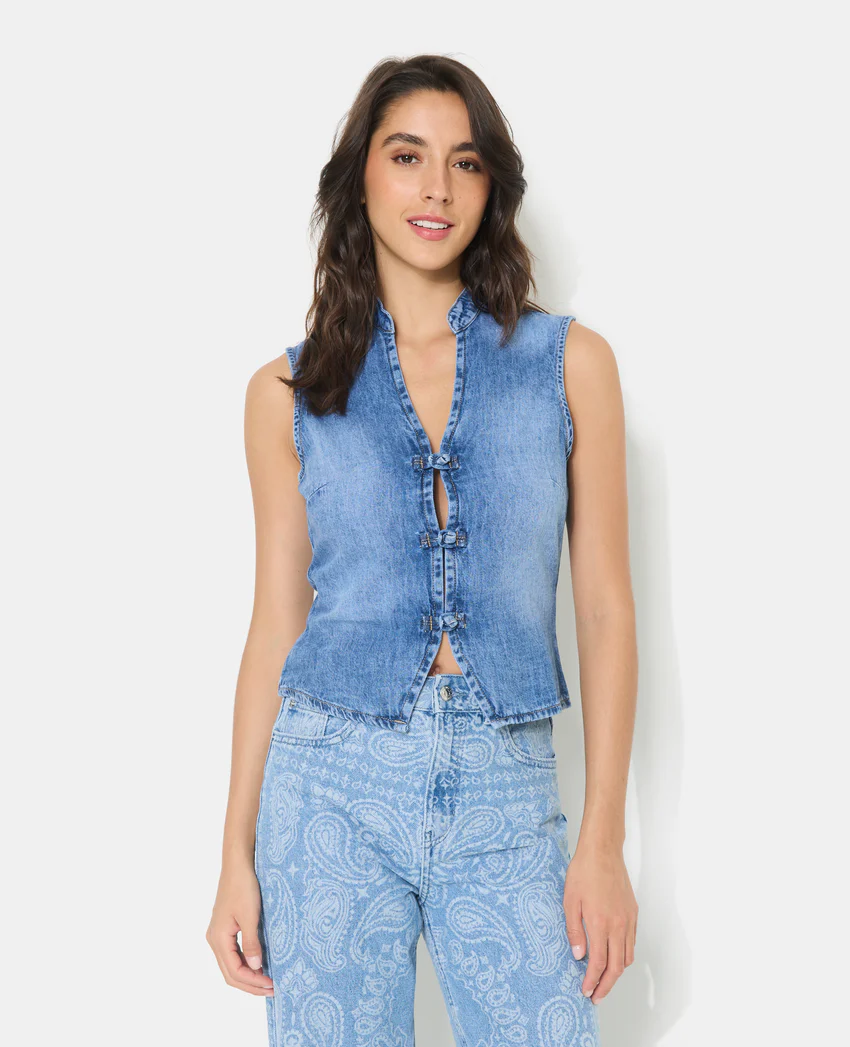 Pimkie Top en jean col mao et boutons brandebourg