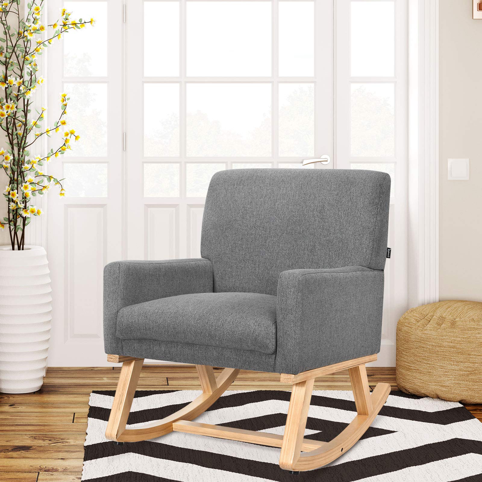 BEFOUNDLOVELY Upholstered Rocking Chair with Fabric Padded Seat and Solid Wood Base