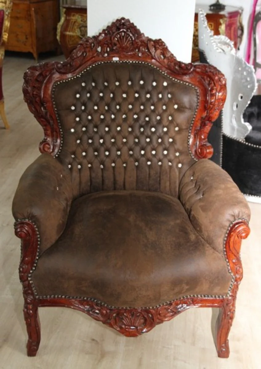 Baroque armchair brown leather look/brown with bling bling stones