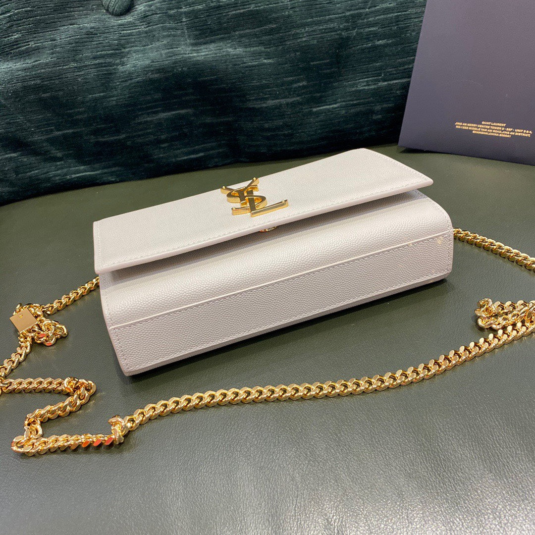 YSL Kate Small White Chain Bag In Grain De Poudre Embossed Leather 20 x 12.5 x 5 cm - Top Club