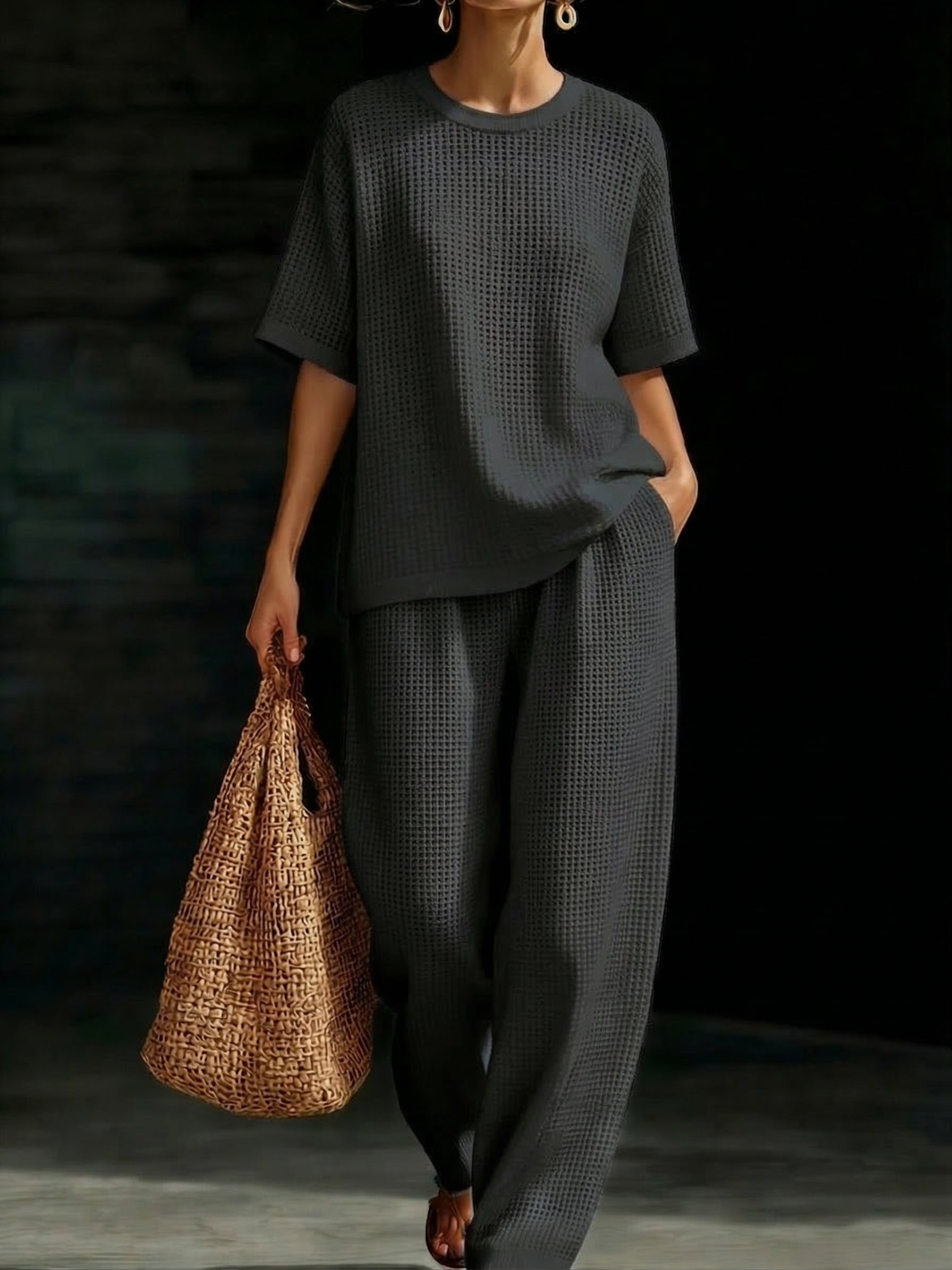Plus Size Friendly Women’s Crewneck Waffle Two-Piece Set - Nordfashionstorm - Women's Clothing, Fashion for You - Nordfashionstorm.com