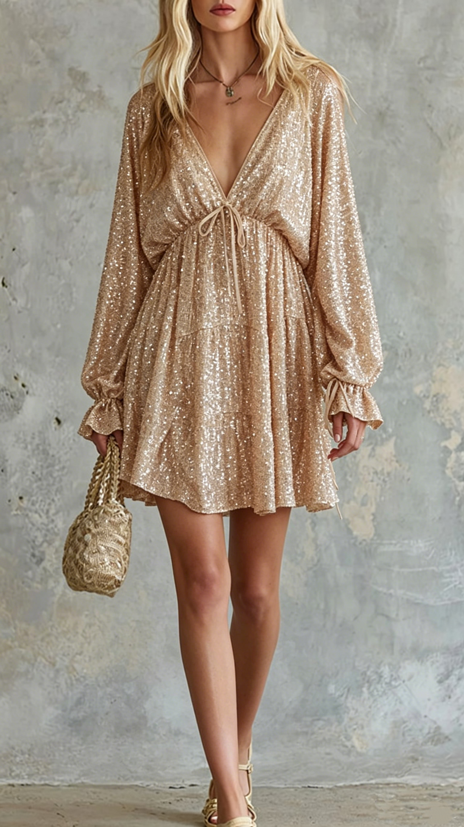 Women's Cotton-Blend Deep V-Neck Sequin Mini Dress for Party Events - Nordfashionstorm - Women's Clothing, Fashion for You - Nordfashionstorm.com