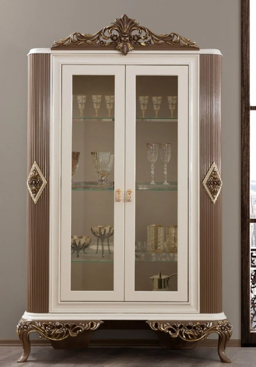 Luxury baroque living room display cabinet white / brown / gold 130 x 50 x H. 220 cm - Magnificent baroque display cabinet with 2 glass doors - Noble baroque furniture