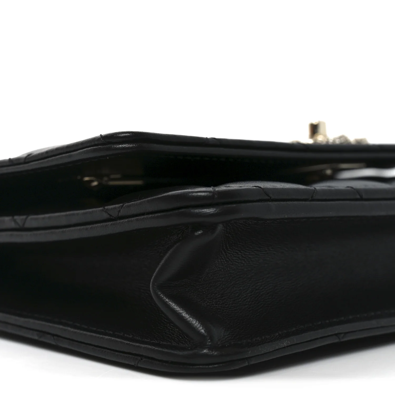Lambskin Quilted Crystal Handle Wallet On Chain WOC Black - Top Club