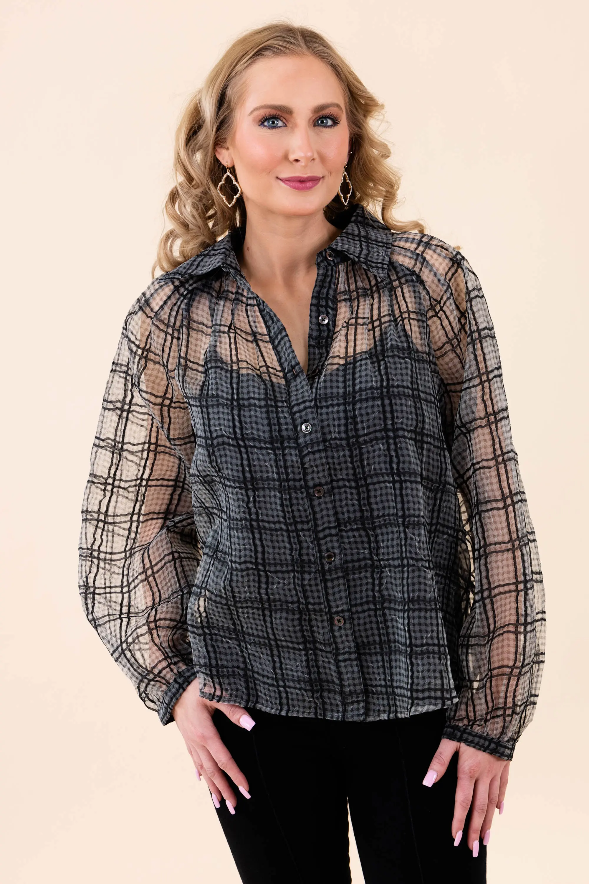 Sheer Plaid Button-Up Blouse - ALJEGJ