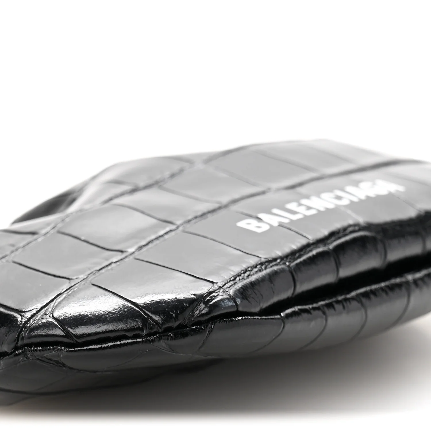 Shiny Supple Calfskin Logo Crocodile Embossed Cloud Coin Purse Black White - Top Club