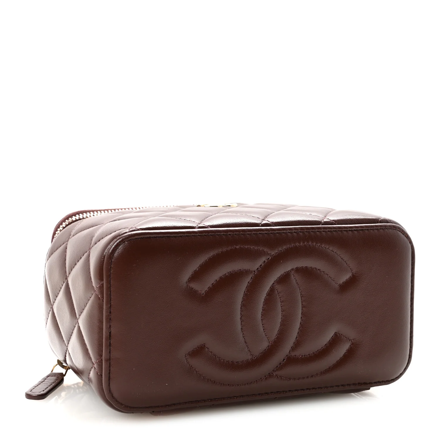 Lambskin Quilted Small Top Handle Vanity Case With Chain Dark Brown - Top Club