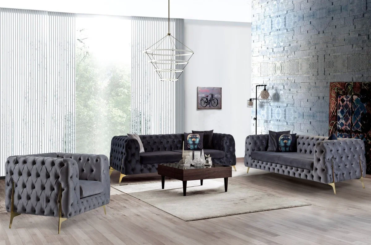 Luxury Chesterfield velvet sofa gray / brass 240 x 95 x H. 81 cm - Modern living room sofa - Chesterfield furniture