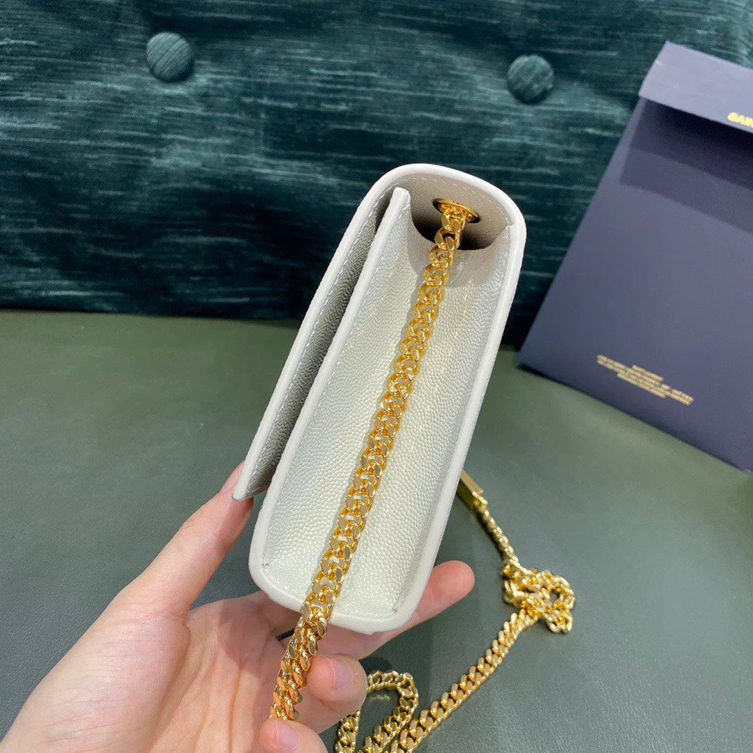 YSL Kate Small White Chain Bag In Grain De Poudre Embossed Leather 20 x 12.5 x 5 cm - Top Club
