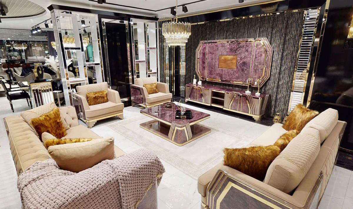 Luxury Art Deco Chesterfield Sofa Beige / Purple / Gray / Gold - Elegant living room sofa with marble look - Luxury Art Deco living room & hotel furniture