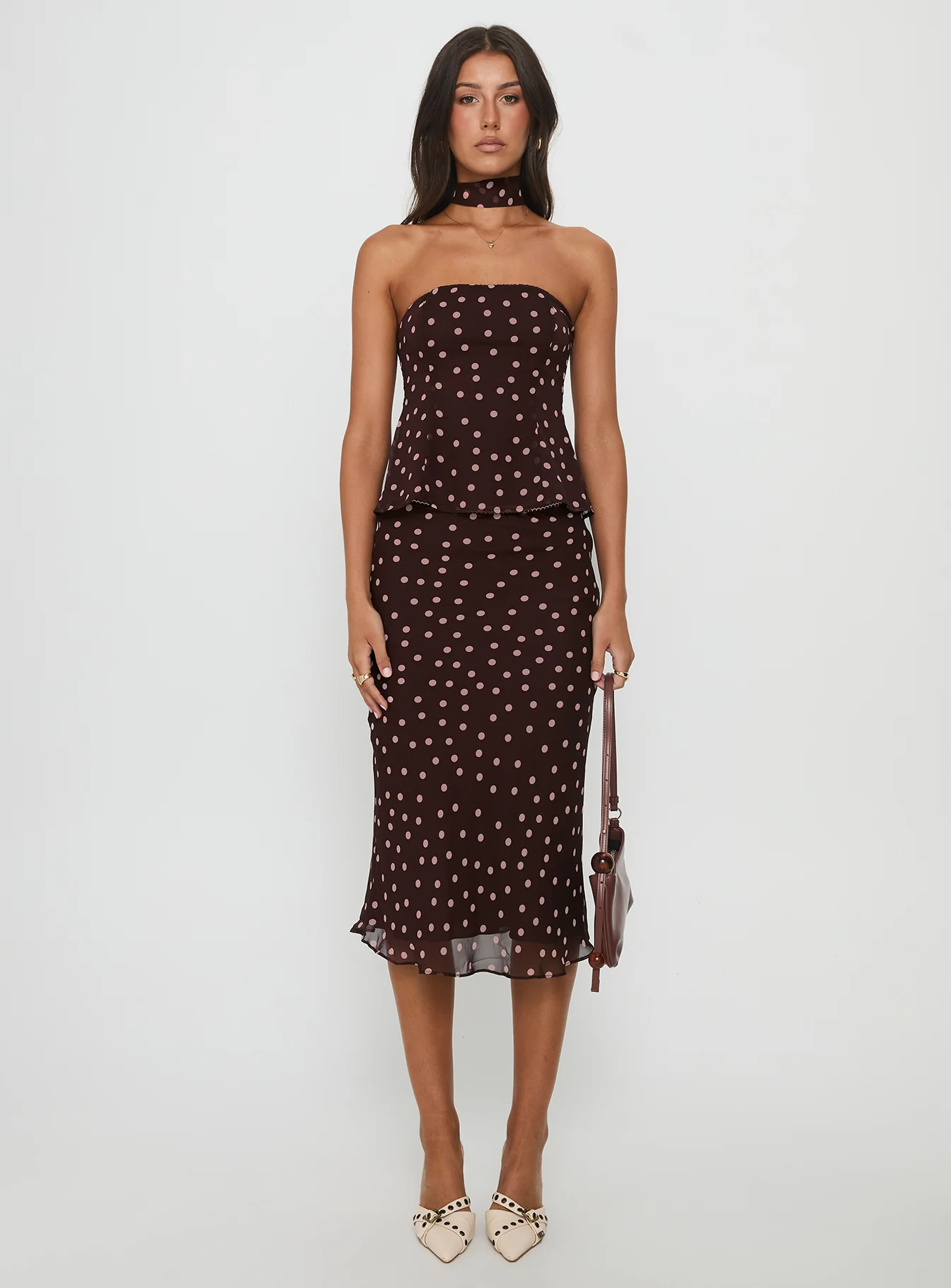 Sydni Midi Bias Cut Skirt Chocolate / Pink Polka
