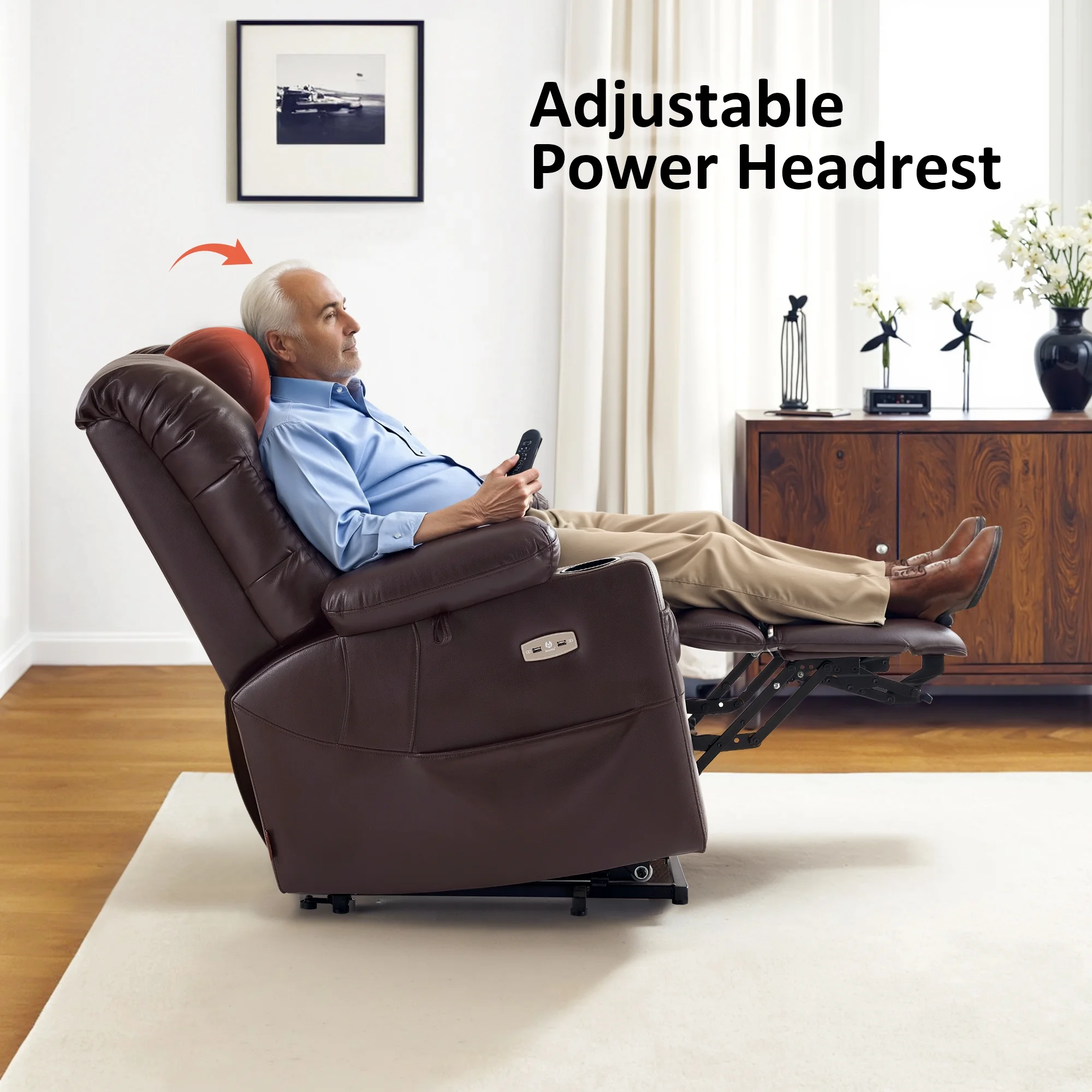 Mcombo Triple Motor Power Lift Recliner for Elderly, Sleep Recliner Sofa with Adjustable Headrest, Faux Leather, Dark Brown