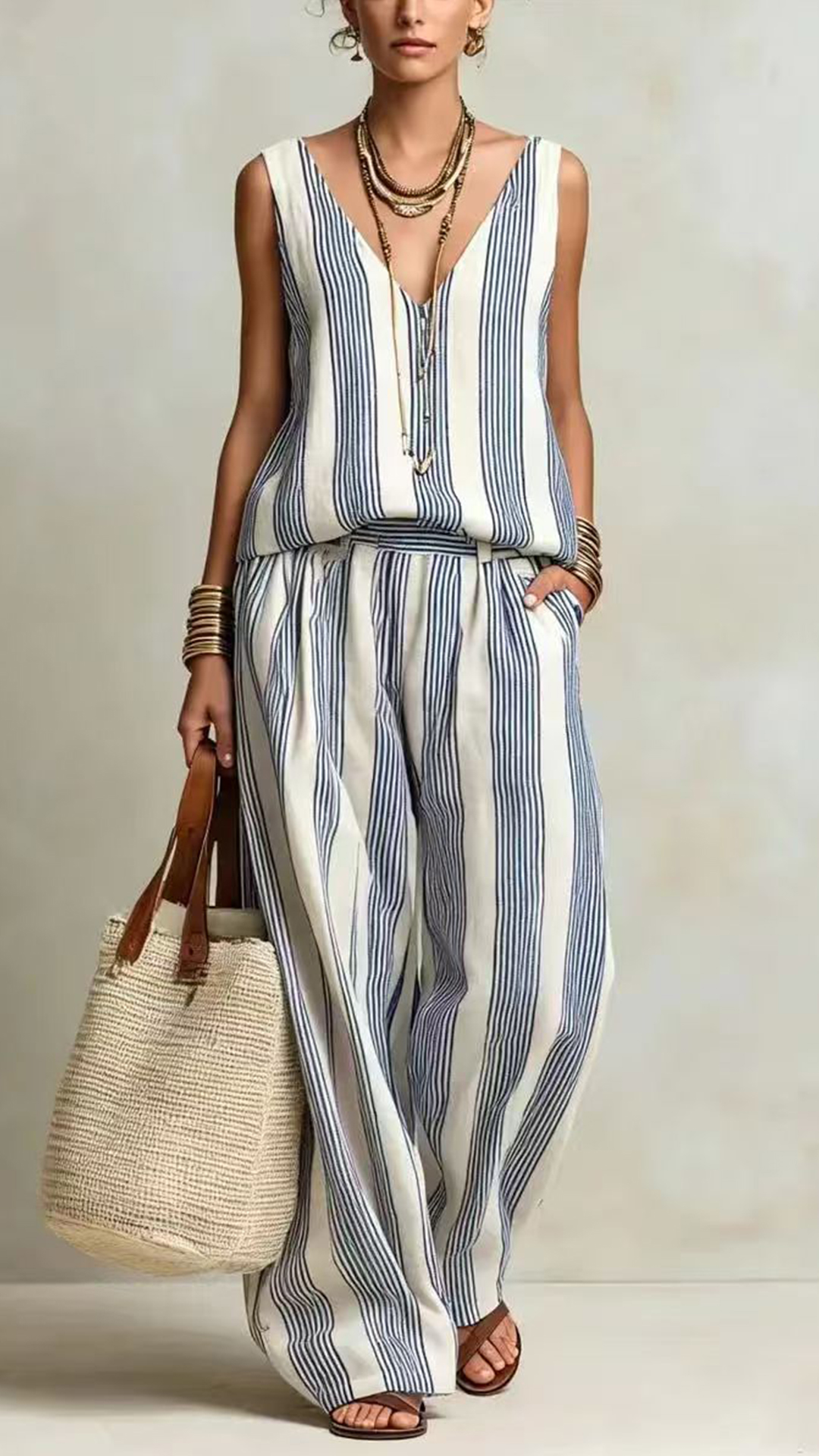 Women's Cotton-Blend Blue and White Vertical Striped Loose Sleeveless Set - Nordfashionstorm - Women's Clothing, Fashion for You - Nordfashionstorm.com