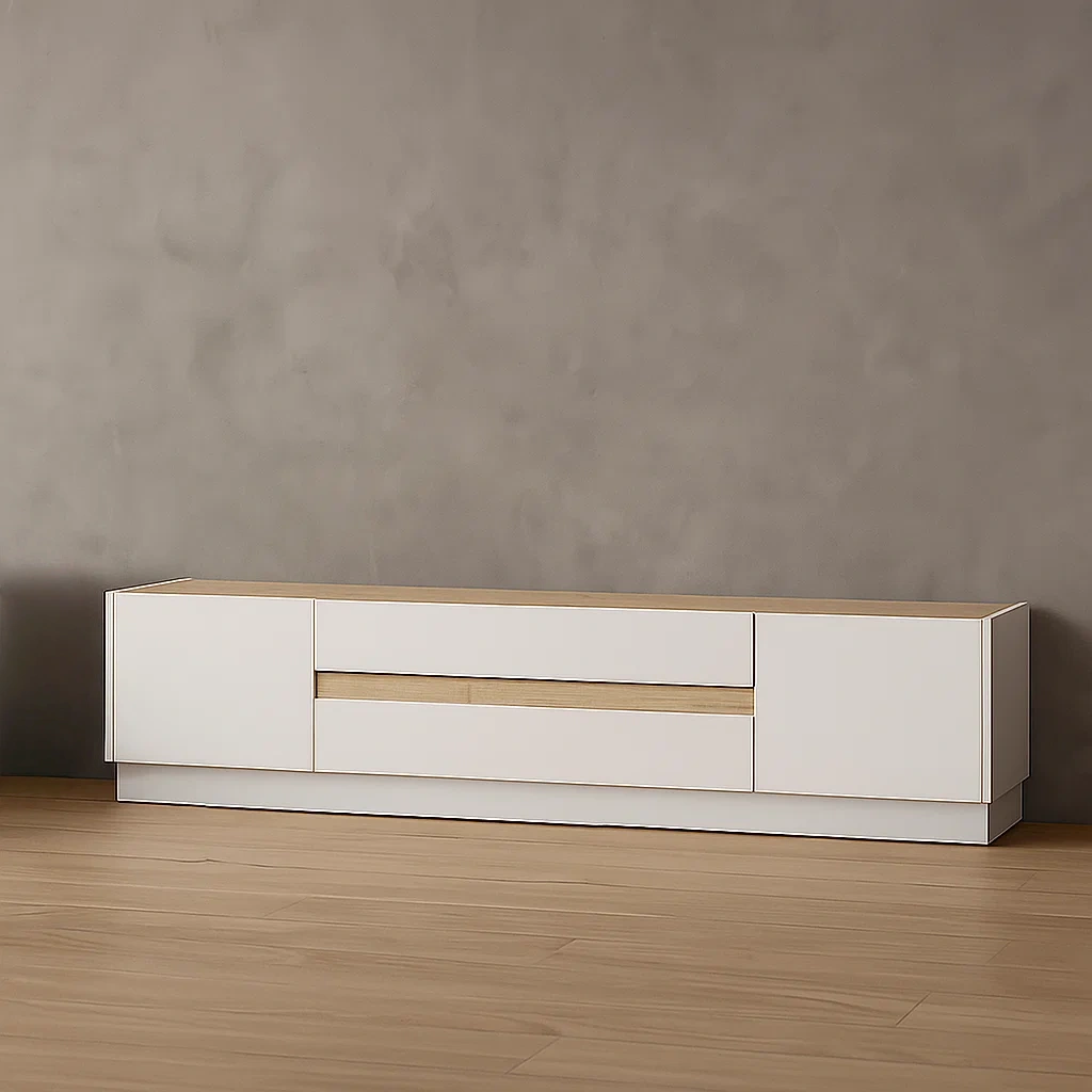 TV cabinet with drawers, white and light natural melamine, for the living room, 204.7 × 39.8 × 43.2 cm - kWAaSRMYeD7x