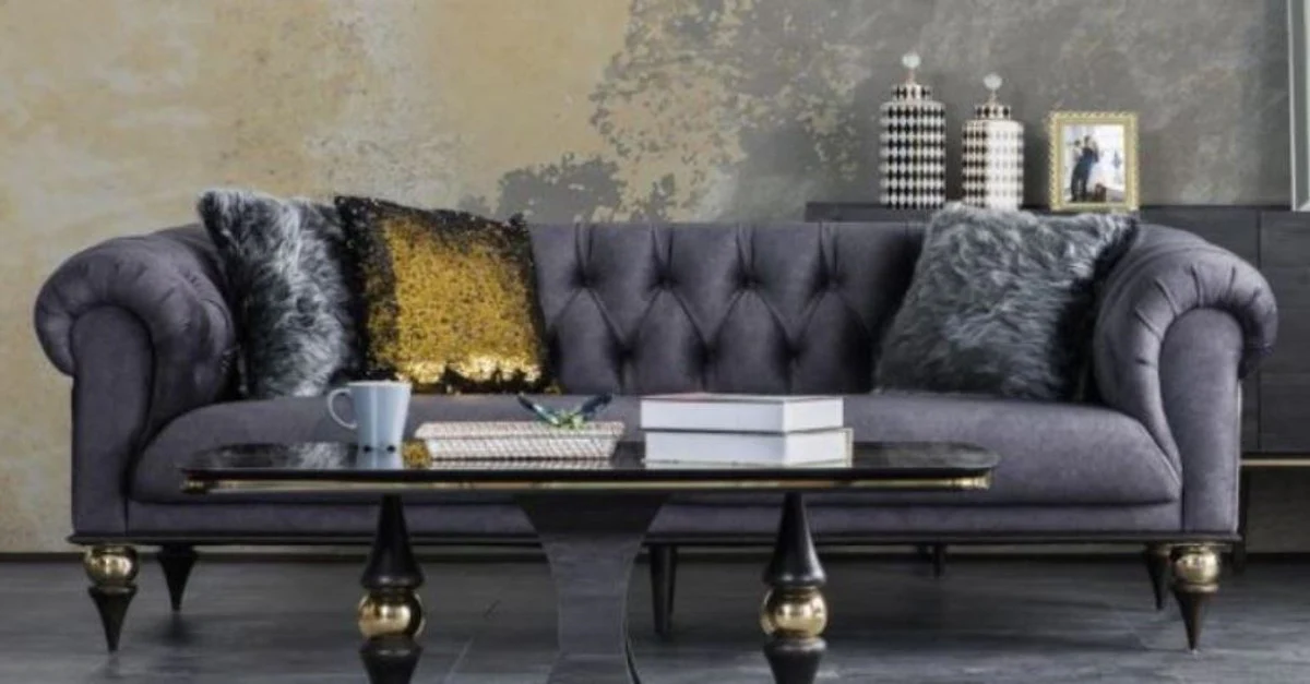 Luxury Art Deco Chesterfield living room set - 2 sofas & 2 armchairs & 1 coffee table with glass top in marble look - Elegant Art Deco living room furniture