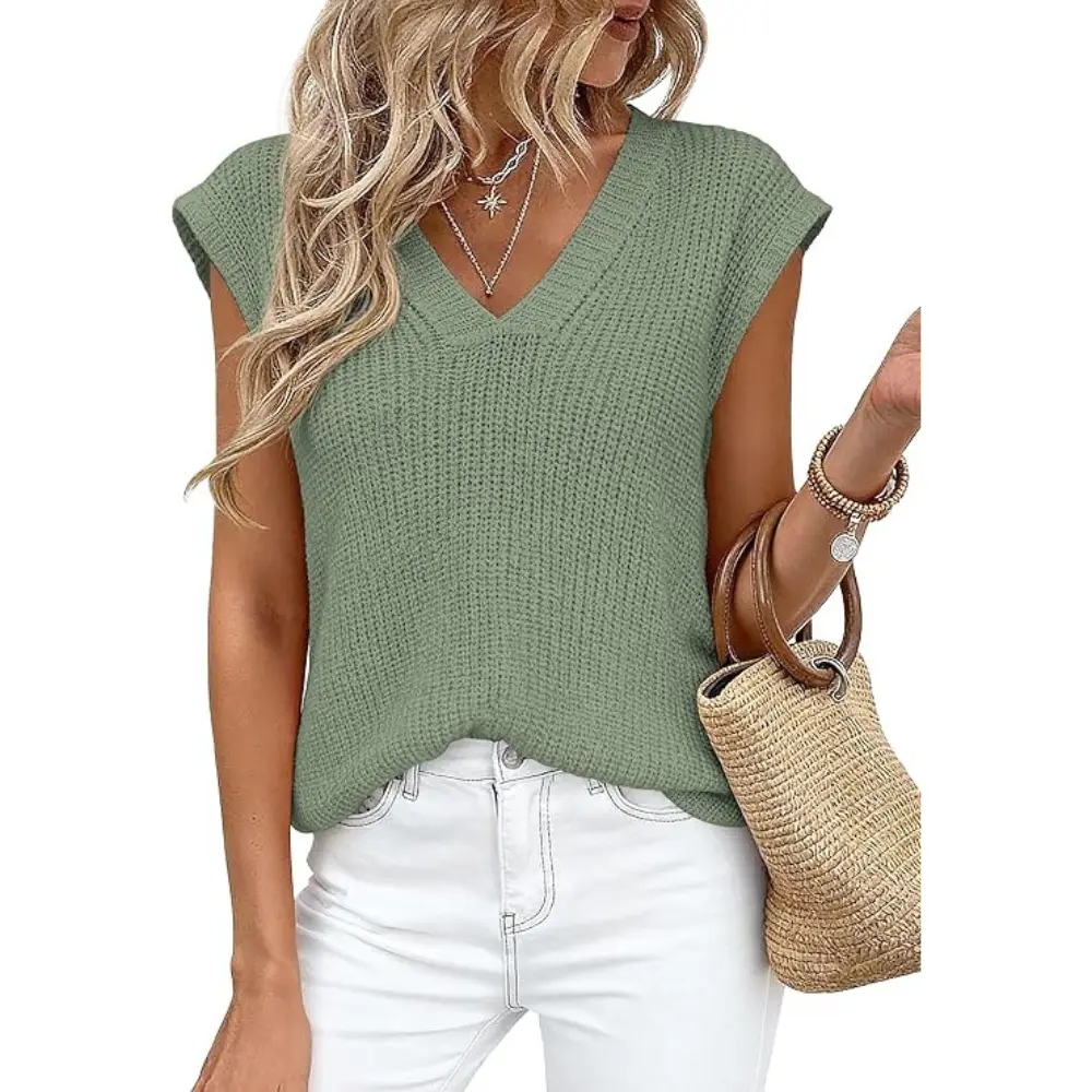 PrettyGarden Women's Lightweight Sweaters Vest Spring Trendy Cap Sleeve V Neck Knit Tank Tops Summer Going Out Outfits