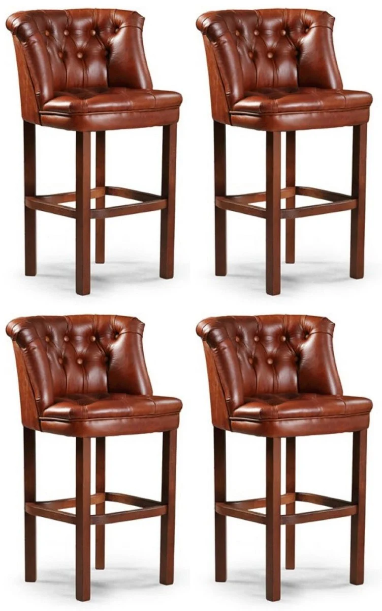 Luxury Chesterfield leather bar chairs set of 4 brown 63 x 56 x H. 107 cm - Padded real leather bar stools - Chesterfield furniture - Chesterfield bar furniture - Luxury bar furniture - Real leather bar furniture